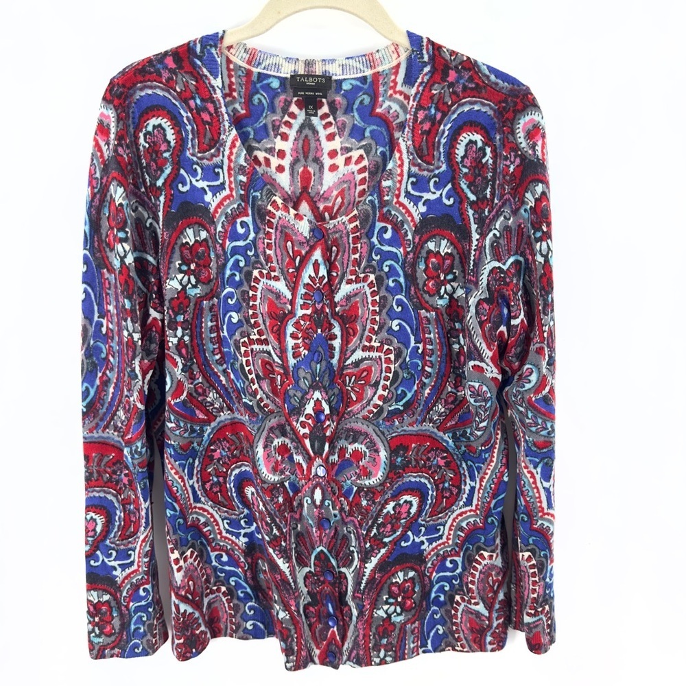 Talbots Merino Wool Cardigan Womens 1X Paisley Button Up Sweater Boho Colorful